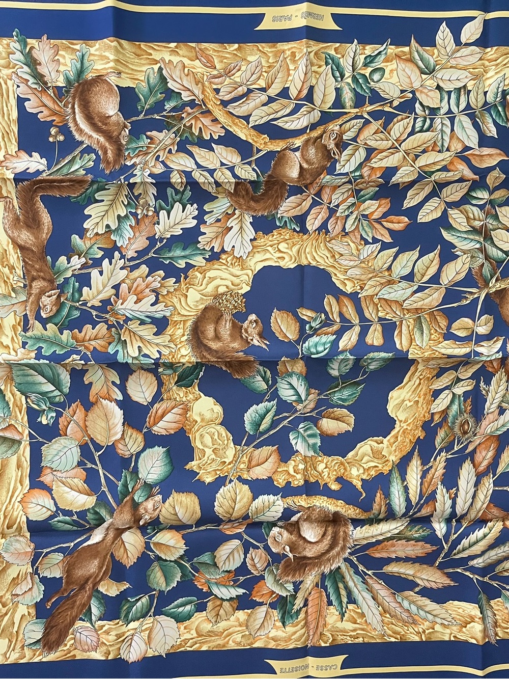 2 Hermes Silk Scarves Squirrel & Oak Motif in Navy Gold and Dagger Fall Orange
